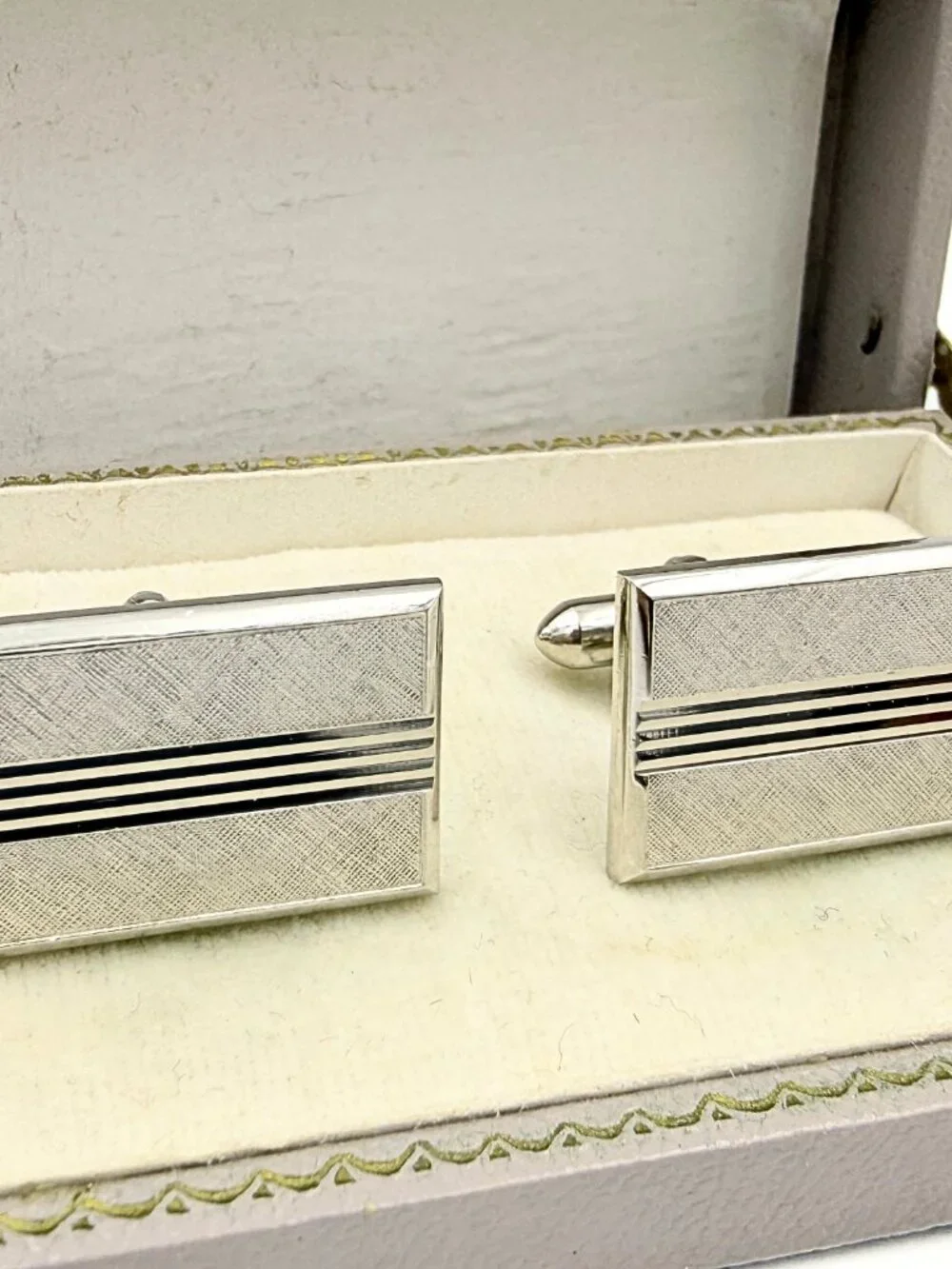 Swank Signed MCM Rectangular Etched Florentine Finish Silver Plated Cufflinks